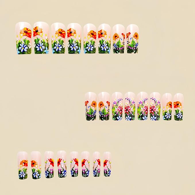 Flower Press on Nails Medium Square Fake Nails with Flower Designs Colorful Flowers Acrylic Nails Nude Pink Glossy Stick on Nails Floral False Nails for Women Girls 24Pcs