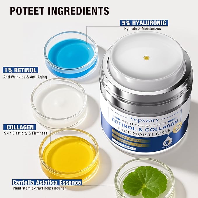 Face Moisturizer Retinol Cream For Face, Collagen Anti Aging Face Cream, Day-Night Neck Cream With Hyaluronic Acid, Wrinkle Cream For Women & Men Reduces Wrinkles, Dryness, 1.85 Fl. Oz