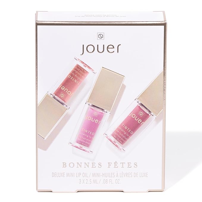 Jouer Bonnes Fêtes Deluxe Mini Lip Oil - Tinted Hydrating Lip Oil Gloss – Moisturizing Dry Lip Treatment Serum - Fragrance Free Tinted Lip Oil - Jojoba Seed Oil and Apricot Oil Formula - Valued at $42-VivaGrace Women
