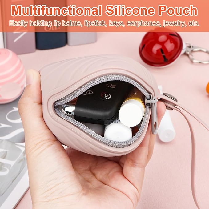 Desing Wish Silicone Lip Balm Holder with Silicone Zipper Pouch, Portable Lip Balm Keychain Sleeve - Silicone Storage Bag for Lip Balms/Small Cosmetics/Earphones/Keys - Pink-VivaGrace Women