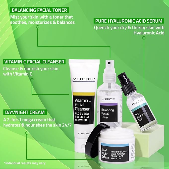 YEOUTH Skin Care Set: Hyaluronic Acid Serum, Vitamin C Cleanser, Toner & Face Cream, Teen Skincare Kit Girls & Boys 4-Piece Beauty Gifts-VivaGrace Women