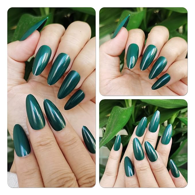 LoveOurHome 240pc Christmas Medium Press on Nails Almond Fake Nails Short Stiletto Almond Green Acrylic Nails Press ons Nail Full Cover False Artificial Nail with Glue Adhesive Tabs for Women Girls