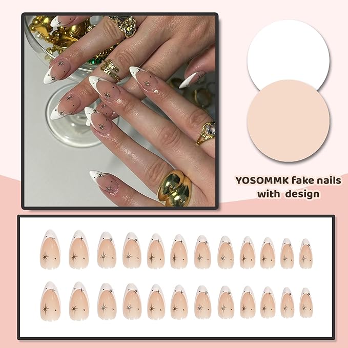 Almond Press on Nails Medium French Tip Fake Nails with Star Designs Acrylic False Nails Glossy Glue on Nails Cute Stick on Nails for Women and Girls