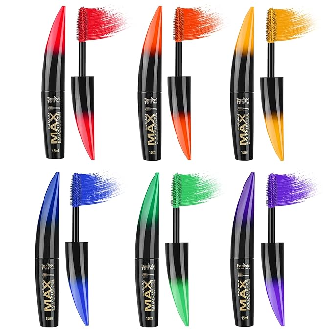 Colored Mascara, 6 Colors Colorful Mascara Set, Waterproof and Smudgeproof Longlasting Mascara for Eyelashes, Blue Purple Green Red Yellow Orange Mascara