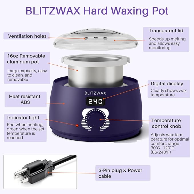 BLITZWAX Single Waxing Pot, Hard Wax Warmer for Face, Legs, Bikini, Brazilian and Body, for 16 oz, At Home Hair Removal Kit, for Men, Beginner Friendly, Quick Heating, Precise Temperature Control-VivaGrace Women