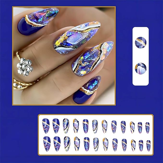 Blue Almond Press On Nails Medium Gold Glitter Acrylic Fake Nails With Designs Glossy Glazed Amber Pattern Artificial 24Pcs