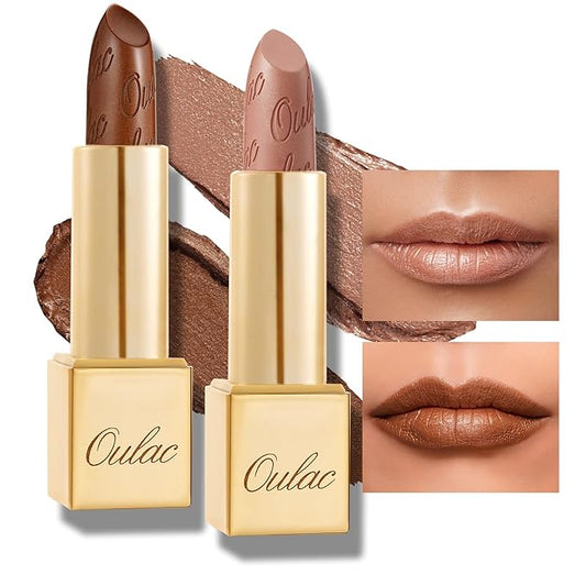 Oulac Metallic Brown & Nude Lipstick Set - 2PCS Vegan Lightweight Hydrating Formula with High Impact Lip Color for Full Coverage Lip Makeup, Christmas Gifts for Women, 08+10-VivaGrace Women