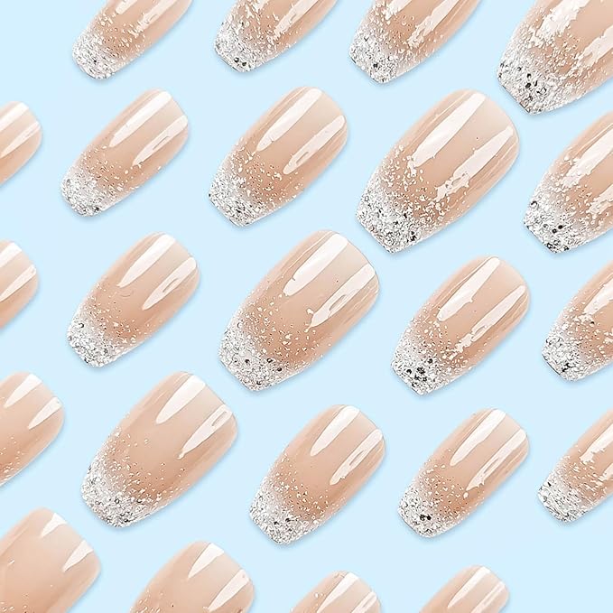 Coffin Press on Nails Medium Fake Nails White Ombre False Nails with Glitter Designs Medium Ballet Shaped Glue on Nails Glossy Artificial Nails Natural Stick on Nails for Women 24Pcs