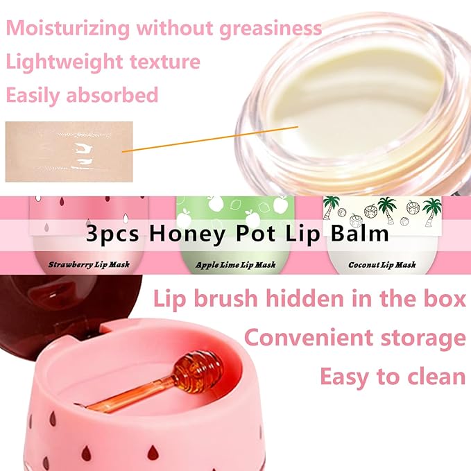3 PCS Bee Lip Balm Honey Pot, Strawberry & Apple Lime & Coconut Lip Mask Overnight Propolis Moisturizing Lip Balm Hydrating Prevention Dry and Crack Lip Scrubs Exfoliator Lip Wrinkle Care (Set D)-VivaGrace Women