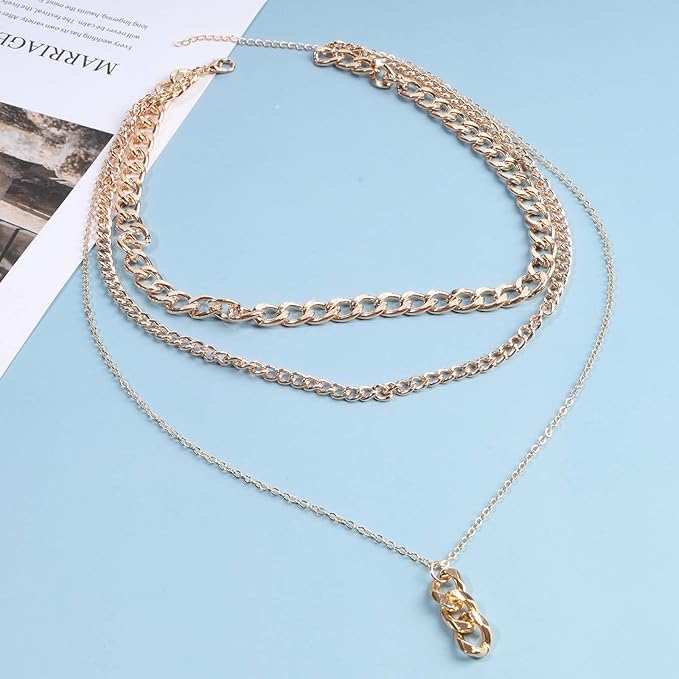 Punk Layered Necklace Choker Gold Cable Chain Necklace Vintage Chain Drop Necklace Multi Layer Necklace Set Jewelry for Women and Girls Gifts-VivaGrace Women