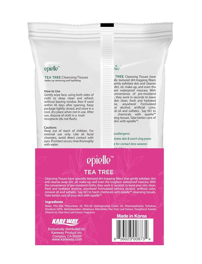 Epielle Tea Tree Facial Wipes, 60 ct, Pack of 2, Refreshing & Soothing, Perfect for Spa Days, Beauty Gifts, Korean Skincare Gift Set
