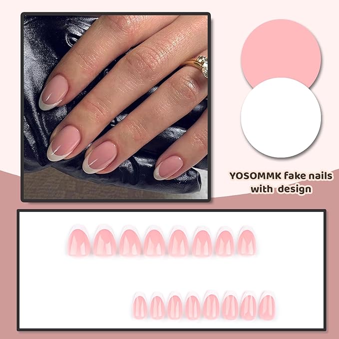 Short Nude Press on Nails Almond Fake Nails French Tip Glue on Nails Glossy Full Cover Stick on Nails White Glue on Acylic Nails for Women and Girls