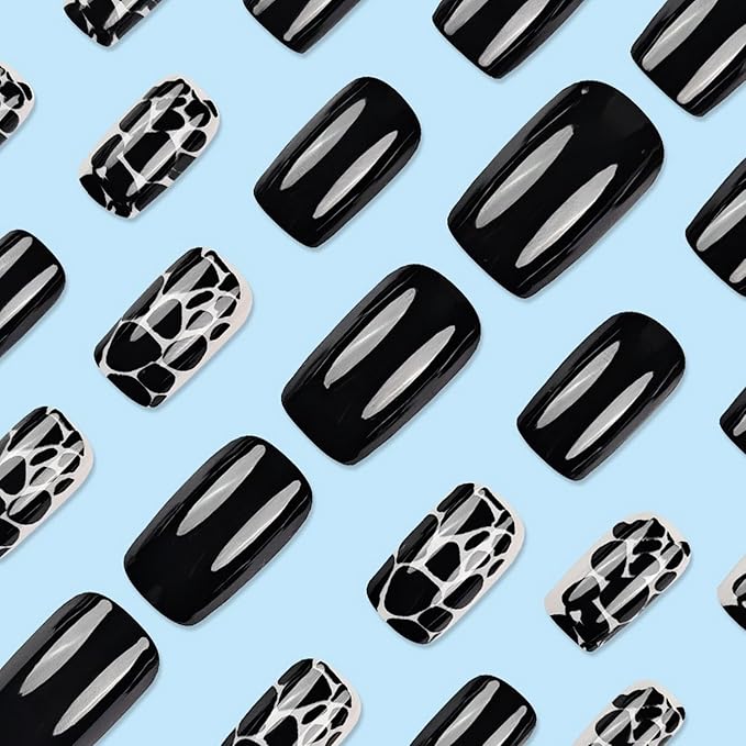 24 Pcs Black Press on Nails Short Square Shaped Fake Nails with Leopard Design Glossy Reusable False Nails Full Cover Acrylic Nails Stick on Nails for Women Nails Manicure Decoration