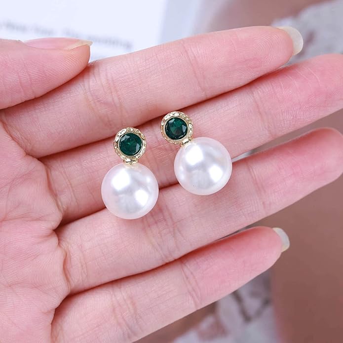 Vintage Emerald Pearl Earrings Gold Pearl Drop Earrings Green Emerald Studs Earrings Rhinestone Pearl Emerald Earrings Jewelry for Women-VivaGrace Women