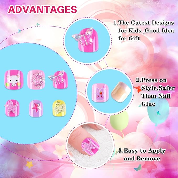 JANYUN Children False Nails, 96Pcs Stick on Nails for Kids Pre-glue Full Cover Short Fake Nails Party Favors Gift (3D)