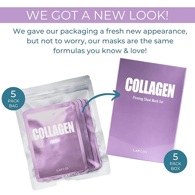 LAPCOS Collagen Sheet Mask, Firming Daily Face Mask with Collagen Peptides for Anti-Aging, Helps to Minimize Wrinkles, Restores Skin Elasticity & Firmness, Korean Beauty Favorite, 5-Pack-VivaGrace Women