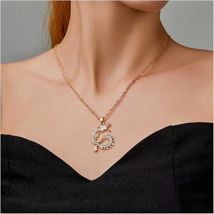 Vintage Dragon Pendant Necklace Punk Dragon Necklace Ancient Dragon Choker Necklace Gold Flying Dragon Necklace Jewelry for Women-VivaGrace Women