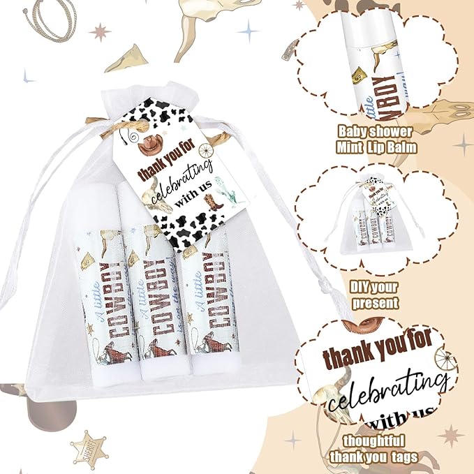 Demissle 50 Pcs Baby Shower Lip Balm Gift Set with 100 Pcs Organza Bags Baby Shower Party Favor for Guest Thank You Tag Rope Baby Shower Party Decoration Gender Reveal Souvenirs (Cowboy)-VivaGrace Women