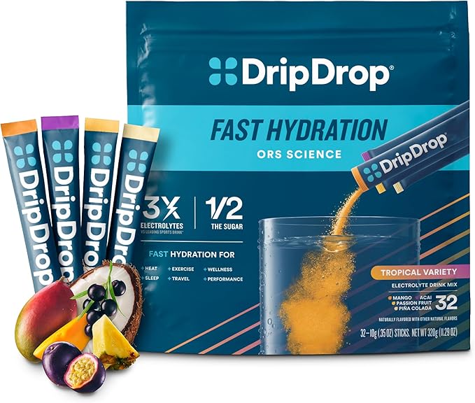 DripDrop Hydration Packets - Tropical Variety Pack - Single Serve Electrolytes Powder Drink Mix - Mango, Açaí, Passion Fruit, Piña Colada - Non-GMO, Gluten Free, Vegan - 32 Sticks-VivaGrace Women