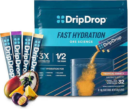 DripDrop Hydration Packets - Tropical Variety Pack - Single Serve Electrolytes Powder Drink Mix - Mango, Açaí, Passion Fruit, Piña Colada - Non-GMO, Gluten Free, Vegan - 32 Sticks-VivaGrace Women