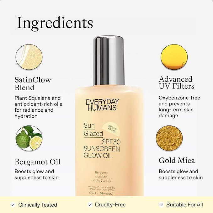 Everyday Humans Sun Glazed SPF30 Sheer Body Glow Oil with Gold Mica | Hydrating Non-Sticky Glowing UV Protection Cruelty Free 5.1 Fl Oz | Bergamot, Squalane, Jojoba Seed Oil | UVA/UVB Broad Spectrum-VivaGrace Women