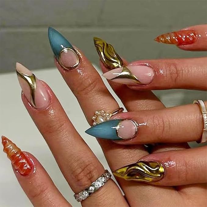 Press on Nails Medium Almond Fake Nails with 3D Swirl Designs Glossy Glue on Nails Gold Glitter Acrylic Nails Luxury Artificial False Nails for Women