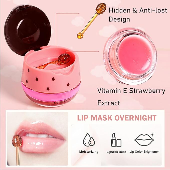 3 PCS Bee Lip Balm Lip Mask Honey Pot,Honey & Strawberry & Watermelon Lip Sleeping Mask,Moisturizing Lip Mask Overnight Prevention Dry and Cracked Lip Scrubs Exfoliator Lip Care-VivaGrace Women