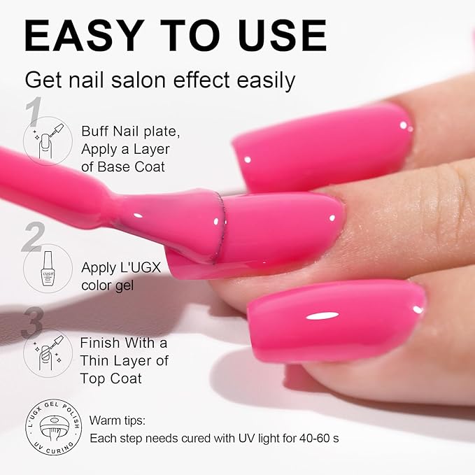 L'UGX Hot Pink Gel Nail Polish - Fall Bright Pink Color, 15ML Long Lasting UV French Tip Gel Colors for Nails Art DIY Manicure & Pedicure at Home Salon Holiday Gifts for Women