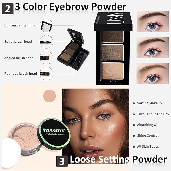 All In One Makeup Essential Starter Kit for Beginners or Pros, 18 Colors Naked Eyeshadow Palette Nude Face Primer, Brush, Sponge, Eyebrow Powder, Winged Eyeliner Stamp (SetA)-VivaGrace Women