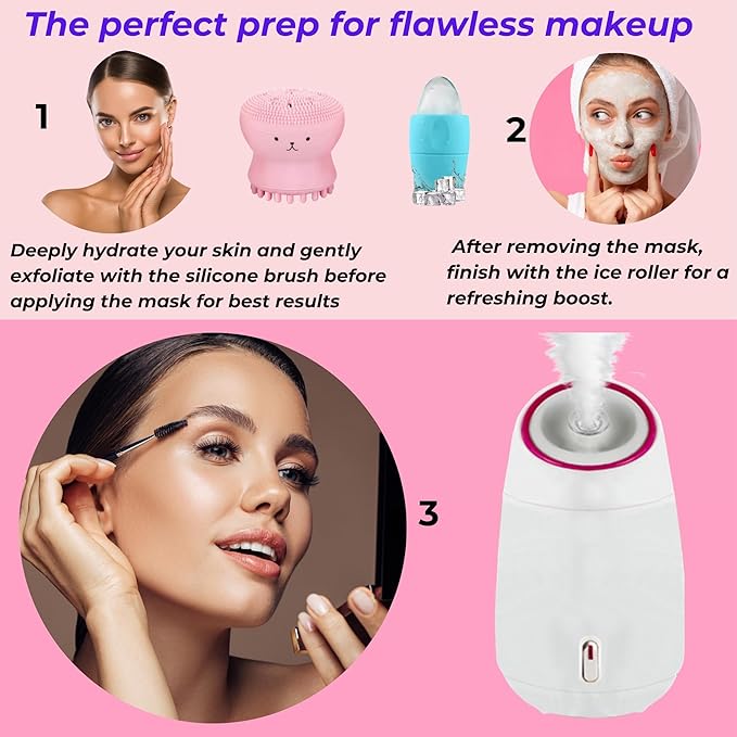 Facial Steamer and Ice Roller – 3-in-1 Nano Ionic Spa Kit for Deep Hydration and Pore Cleansing – Home Facial Care Set,auto Shut Off-VivaGrace Women
