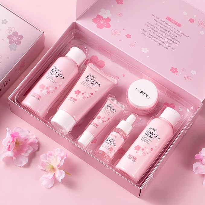 Skin Care Set JAPAN SAKURA Women Beauty Gift Sets Skin Care Kit with Cleanser, Toner, Lotion, Serum, Eye Cream, Face Cream Travel Kit for Women Teen Girls Mom Daughter TSA-friendly Sizes 6pcs-VivaGrace Women
