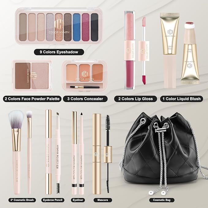 Color Nymph Girls Makeup Kit for Teens Girls with Cosmetic Bag, Full Face Makeup Kit For Women included 9 Color Eyeshadow Palette Concealer Liquid Blush Eyeliner Lipgloss-VivaGrace Women