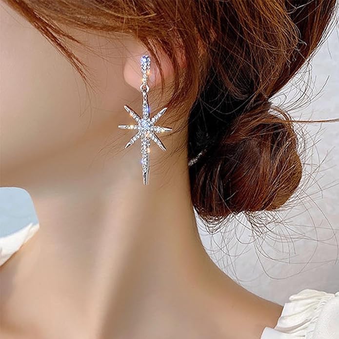 Vintage Crystal Northstar Dangle Earrings Rhinestone Northstar Studs Earrings Gold Cz Star Drop Earrings Sparkly Cz Starburst Earrings Jewelry for Women-VivaGrace Women
