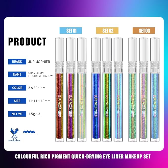 Multichrome Liquid Eyeshadow Set, 3 Colors Multi-Dimensional Eye Liner Makeup, High Pigment Waterproof Metallic, Ultra Fine Tip Glitter (104+105+106)