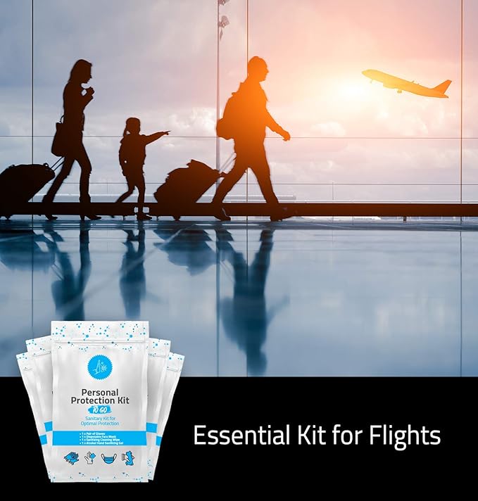 Personal Protection Kit TO GO, Mini 4 Item PPE Kit for travel and school | Includes 1 Each of Face Covering, Gloves, Cleansing Wipes & Hand Cleansing Gel | 10 - Pack (Light Blue)-VivaGrace Women