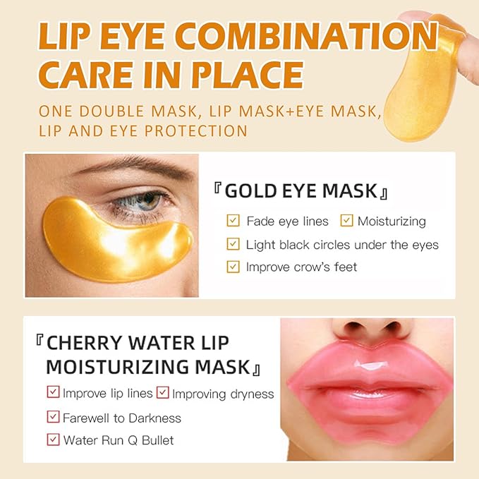 30 Pieces Lip Mask & Under Eye Mask,24K Gold Gel Crystal Collagen Eye Patches, Cherry Lip Masks Skincare,Moisturizing& Reducing Reducing Fine Lines & Dark Circle for Puffy Eyes-VivaGrace Women