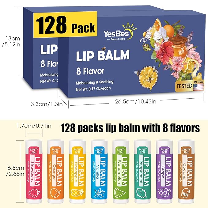 128 Pack Lip Balm, Natural Lip Balm Bulk with Vitamin E and Coconut Oil, Moisturizing Lip Balm for Dry Cracked Lips, Lip Balm for Stocking Stuffers - 8 Flavors-VivaGrace Women