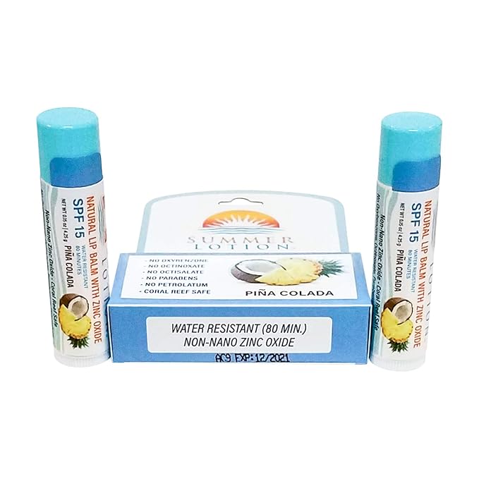 Natural Lip Balm with Zinc Oxide Sunblock by Summer Lotion, SPF 15 Lip Sunscreen 2-Pack, Water Resistant Chapstick, SPF Lip Protection for Everyone, (Pina Colada)-VivaGrace Women