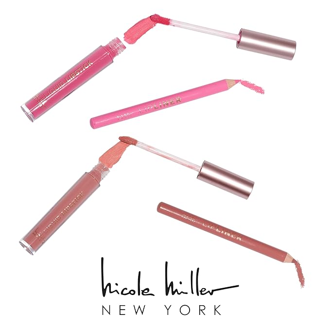 Nicole Miller Rosy Nudes Lip Collection | 6 Piece Set | 3 Luxurious Lip Liners & 3 Liquid Lip Sticks in Light Rose, Rosy Mauve, and Deep Peach-VivaGrace Women