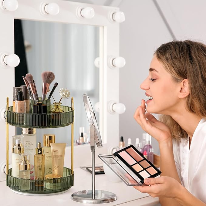 Rotating Makeup Organizer for Vanity, High-Capacity Skincare Clear Make Up Storage Perfume Organizers Cosmetic Dresser Organizer Countertop 360 Spinning (Green, New-2 Tier)-VivaGrace Women