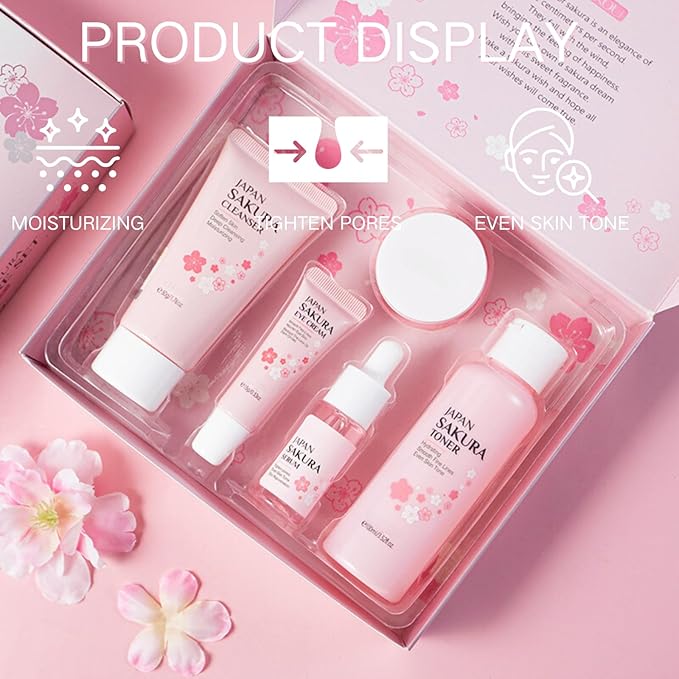 Sakura Skin Care Set, Women Gift Sets, Skin Care Kit with Cleanser, Toner, Serum, Eye Cream, Face Cream, Skin Care Routine Kit for Women, Even Skin Tone, Tighten & Firm Skin-VivaGrace Women