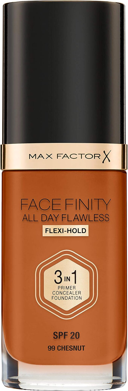 Max Factor Facefinity 3-in-1 All Day Flawless Liquid Foundation, SPF 20-99 Chestnut, 30 ml-VivaGrace Women