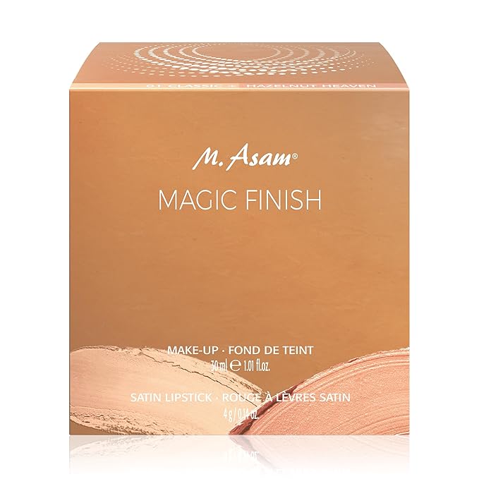 M. Asam MAGIC FINISH Duo Set – Make-Up Mousse (1.01 Fl Oz) & Lipstick Hazelnut Heaven (0.14 Oz), 4in1 Primer, Foundation, Concealer and Powder & Satin Lipstick in creamy-nutty Nude Shade-VivaGrace Women