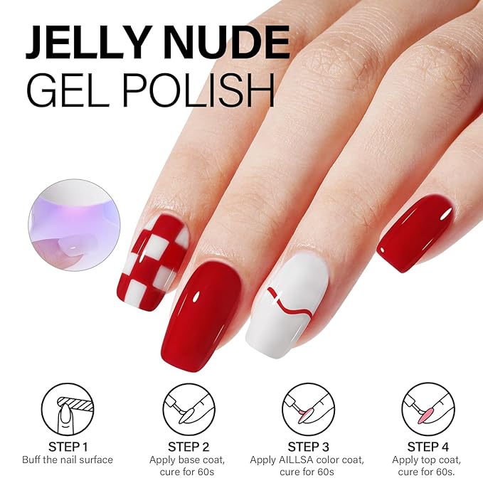 AILLSA Nude Gel Nail Polish Set Red Jelly Pink Milky White Black Gel Polish with Base and Top Coat, Classic Popular Color All Season Soak Off U V L ED Manicure Art Salon DIY at Home 7Pcs 8ML