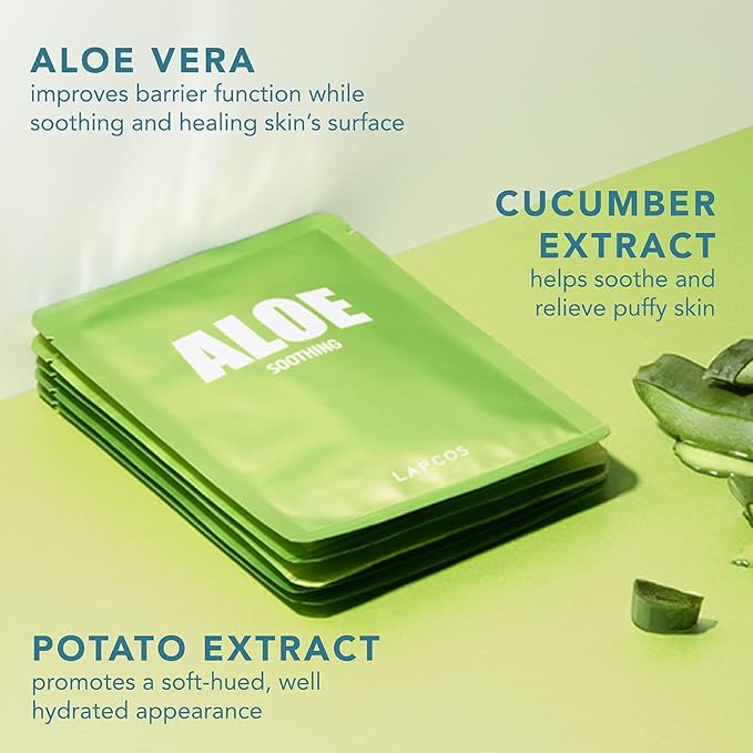LAPCOS Aloe Sheet Mask, Daily Face Mask with Cucumber and Aloe Gel to Calm and Moisturize Skin, Korean Beauty Favorite, 5-Pack-VivaGrace Women