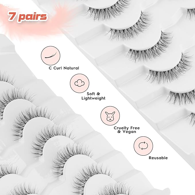 Natural Lashes False Eyelashes 12 MM Short Lashes WIspy 3D Volume Fake Eyelashes Pack C Curl Soft Eye Lash with Thin Cotton Band 7 Pair False Lashes Siligli-VivaGrace Women