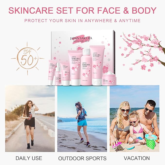 Skin Care Set JAPAN-SAKURA Women Beauty Gift Sets Skin Care Kit, Self-Care Skincare Set: Cleanser,Toner,Serum,Cream,Mud Mask,Eye Cream,Sunscreen, Facial Kit for Women Teen Girls Mom Daughter 7pcs-VivaGrace Women
