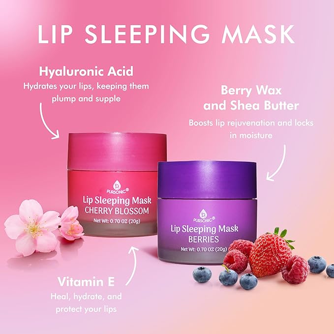 PURSONIC Lip Mask Overnight for Ultimate Lip Care - Hydrating Lip Moisturizer for Plump Lips Infused with Double Flavor Cherry Blossom and Berries - 2 Packs-VivaGrace Women