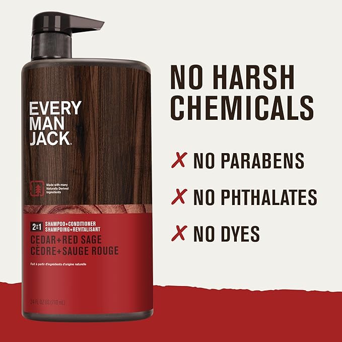 Every Man Jack 2-in-1 Daily Shampoo + Conditioner - Cedar and Red Sage | Nourishing For All Hair Types, Naturally Derived, Cruelty-Free Shampoo and Conditioner Set for Men | 24oz -1 Bottle-VivaGrace Women