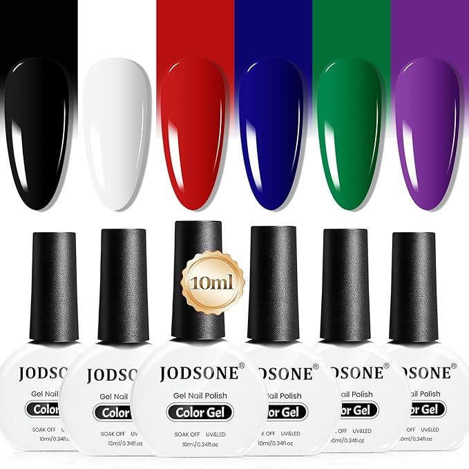 JODSONE 10ml Gel Nail Polish Set 6Colors Black White Red Deep Blue Dark Green Deep Purple All Seasons Neutral Soak Need U V/LED Lamp Curing-VivaGrace Women